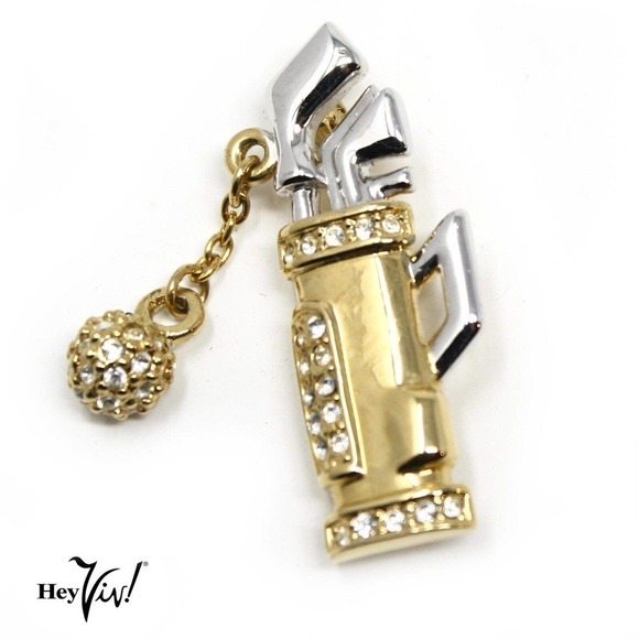 Vintage Golf Pin - Golf Club Bag w Rhinestone Golf Ball & Chain - 1.5" - Hey Viv - Picture 1 of 3
